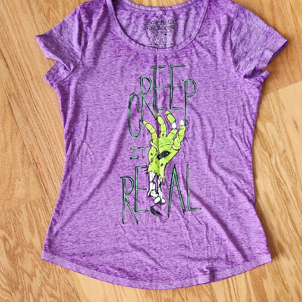 NWT Purple Halloween Tee with Neon Green Graphic CREEP IT REAL Junior Large